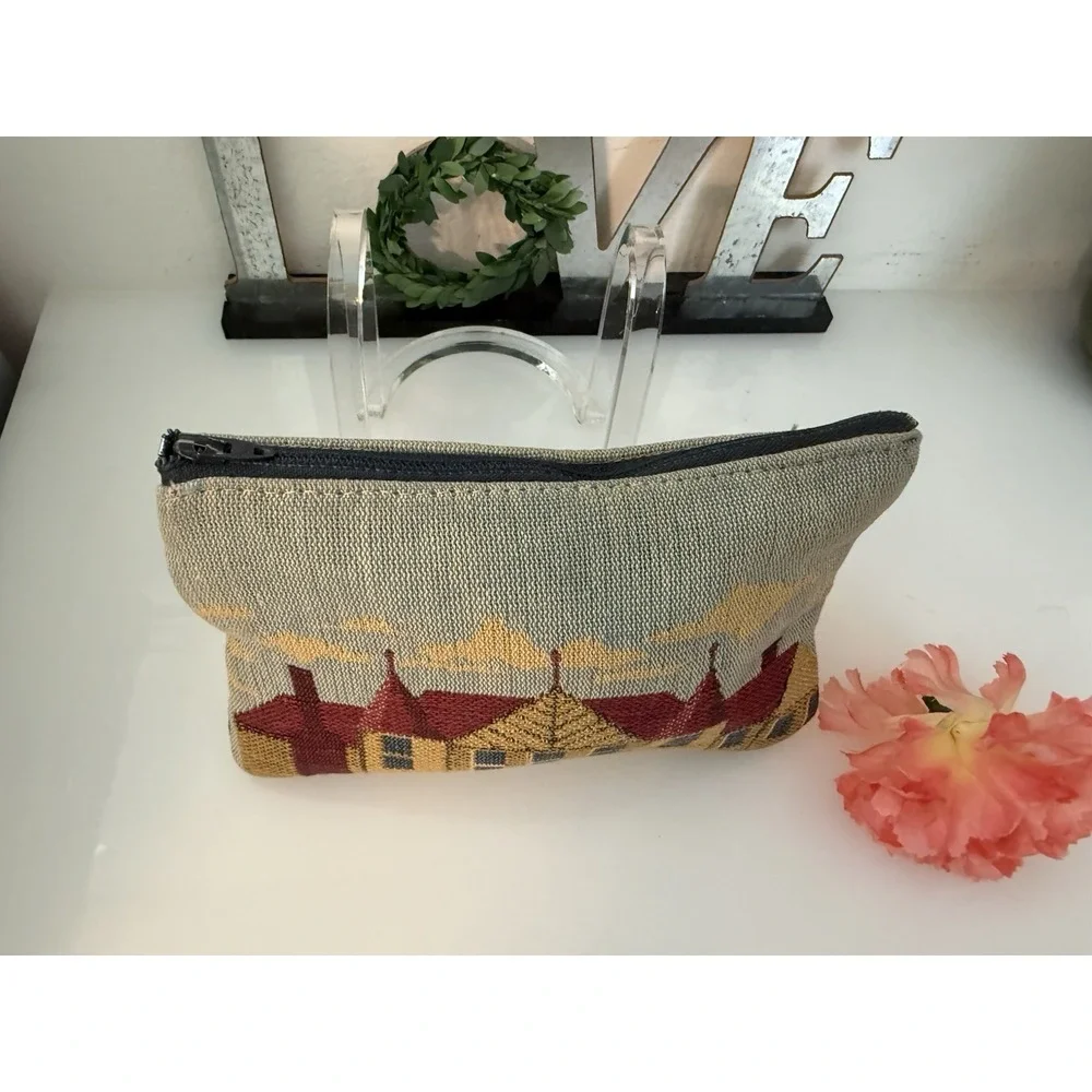 Vintage Tapestry Row Houses‎ Embroidered Style Zippered Bag Makeup Pouch 7